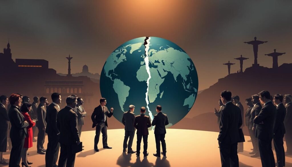 A visually striking illustration representing the internal challenges and divisions among BRICS nations. In the foreground, diverse human figures dressed in professional business attire engage in a tense discussion around a large world map, symbolizing their differing perspectives. The middle ground features a fractured globe, depicting the BRICS countries with visible cracks, indicating dissent and discord. In the background, silhouettes of iconic landmarks from each member country, such as the Great Wall of China and the Christ the Redeemer statue, softly illuminated by ambient lighting that suggests a somber mood. The atmosphere should evoke a sense of tension and complexity, captured from a slightly elevated angle to create depth and highlight the contrasts between cooperation and conflict.