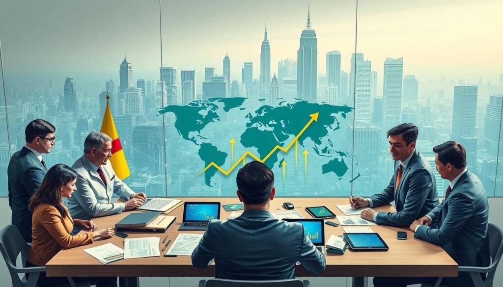A visually striking illustration representing the objectives of the BRICS nations in the global economic landscape. In the foreground, a diverse group of professionals in business attire, including individuals from Brazil, Russia, India, China, and South Africa, engaged in a collaborative discussion around a table scattered with economic reports and digital devices displaying graphs. In the middle ground, a map highlighting the BRICS countries with arrows depicting economic growth and interconnections. The background shows a modern city skyline, symbolizing global influence and power dynamics. The scene is well-lit with soft lighting creating a serious yet optimistic atmosphere, capturing the spirit of collaboration and ambition among the BRICS nations. The angle is a dynamic view, slightly from above, emphasizing unity and forward momentum.