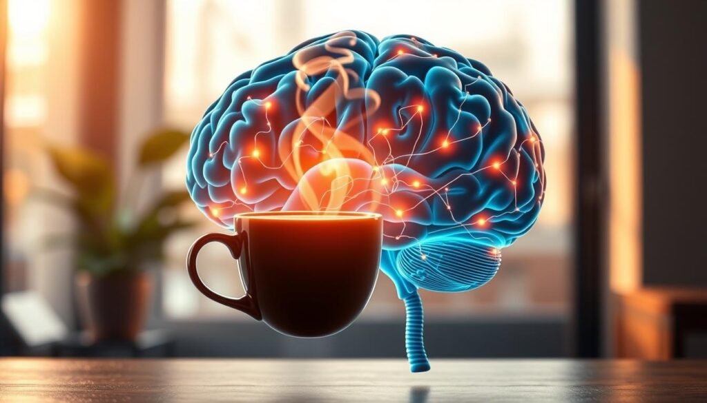 A visually striking illustration showing the impact of coffee on the nervous system and brain. In the foreground, an anatomical representation of a brain with vibrant neural connections illuminated, highlighting areas activated by caffeine. In the middle, a steaming cup of coffee, its aroma visually represented as swirling wisps, connects to the brain through a stylized, glowing pathway. The background features a serene environment, perhaps a modern office setting with soft natural light filtering in through a window, creating a calm atmosphere. Emphasize rich, warm colors, such as dark browns and golden highlights, to evoke the comforting essence of coffee. The mood should be lively and invigorating, capturing the essence of how coffee energizes the mind while remaining strictly professional and safe for work.