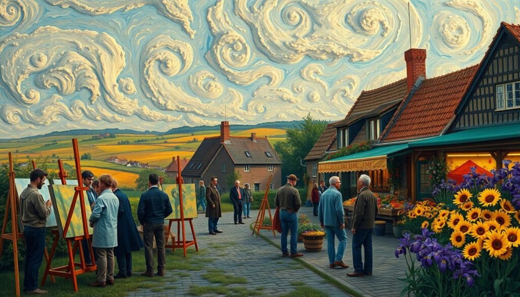 A vivid portrayal of the historical and artistic context of Vincent van Gogh, featuring an early 20th-century Dutch village scene lush with vibrant colors. In the foreground, a group of artists in modest casual clothing engage in animated discussions, surrounded by easels with unfinished canvases. In the middle ground, a cozy café bustling with patrons, with Van Gogh's characteristic brush strokes reflected in the architecture, and a nearby flower market in full bloom, showcasing sunflowers and irises, reminiscent of his famous works. The background reveals a dramatic sky with swirling clouds, reflecting Van Gogh's expressive style, and rolling fields under soft, warm lighting, reminiscent of late afternoon sunlight. The mood is both inspiring and contemplative, capturing the essence of an era marked by transformation in art.