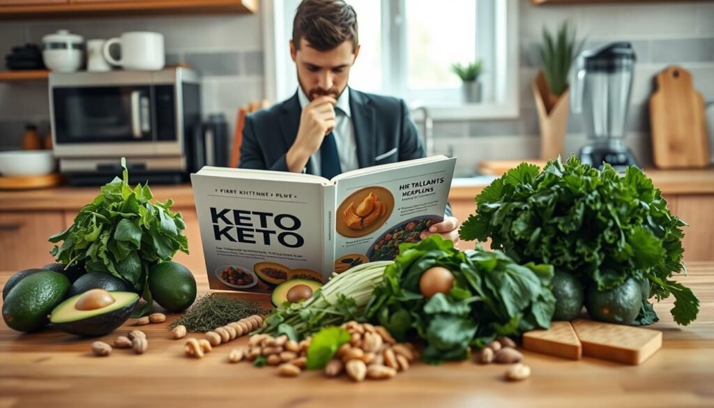 A well-organized kitchen setting focusing on the process of starting a keto diet. In the foreground, a wooden table displays fresh ketogenic ingredients like avocados, leafy greens, nuts, and a cookbook with keto meal plans. In the middle, a person dressed in a professional business attire examines the ingredients, displaying a focus on their task, with a thoughtful expression. The background features neatly arranged kitchen appliances, like a blender and cutting board, with bright, natural lighting coming through a window, creating an inviting and motivating atmosphere. The angle captures a sense of determination and organization, reflecting the beginning of a successful keto journey.