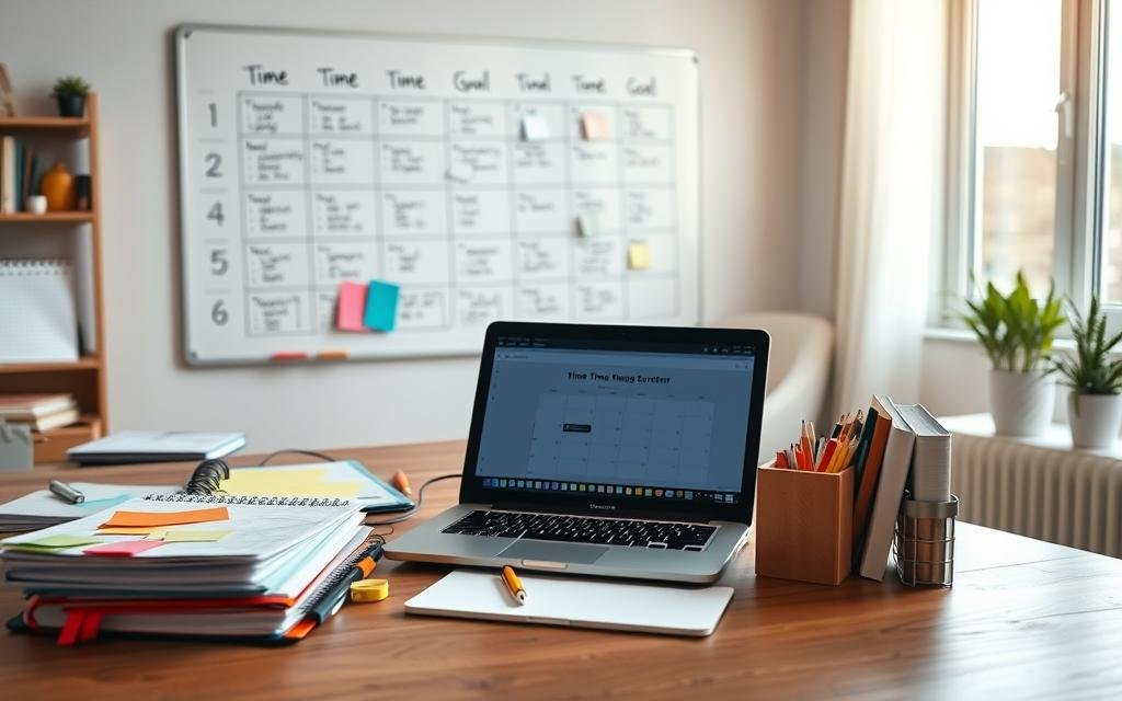 A well-organized workspace depicting an effective time management system. In the foreground, a wooden desk with neatly arranged planners, colorful sticky notes, and a laptop displaying a calendar. In the middle ground, a whiteboard filled with time blocks, goals, and action items, symbolizing structured planning. In the background, a bright window letting in natural light, creating a warm and inviting atmosphere. The lighting should be soft and bright, evoking a sense of clarity and motivation. The scene should convey a feeling of productivity and calm, with no distractions or clutter. The overall mood is focused and inspiring, representing the concept of organizing time effectively.