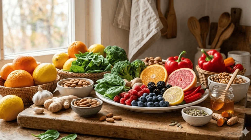 أفضل الأطعمة لتقوية المناعة مثل الثوم والحمضيات والزنجبيل والزبادي في طبق صحي متوازن.