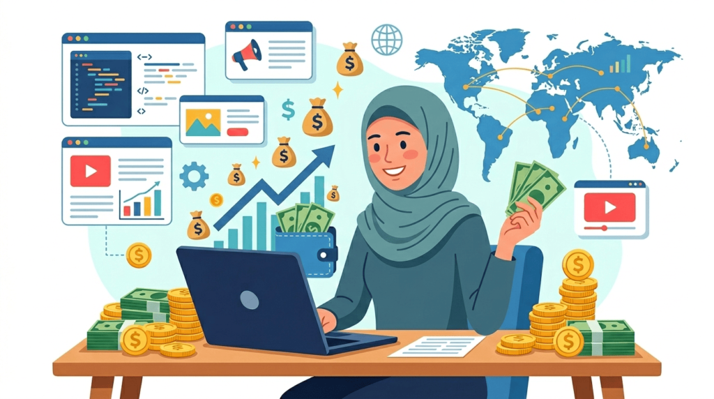 شخص يعمل على حاسوب محمول في المنزل ضمن بيئة هادئة تمثل عمل من المنزل عبر الإنترنت.