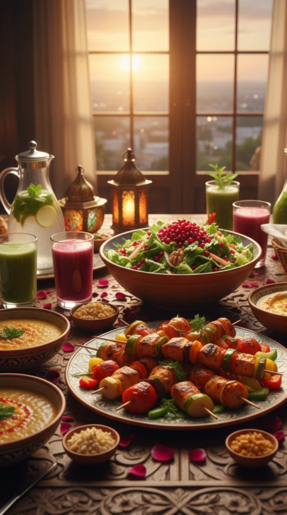 جدول غذائي صحي في رمضان بدون حرمان يوضح سحور صحي وإفطار متوازن ضمن رجيم رمضاني سهل ومتوازن لخسارة الوزن بطريقة صحية.