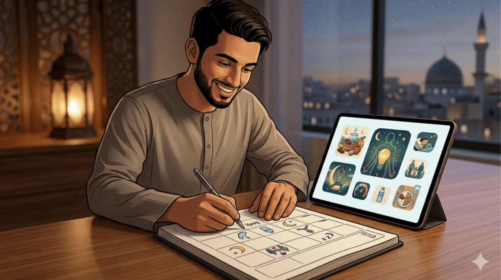 نصائح صحية رمضان: الحفاظ على نشاطك طوال الشهر الكريم نصائح صحية رمضان تشمل وجبة إفطار صحية وسحور متوازن مع شرب الماء للحفاظ على النشاط.