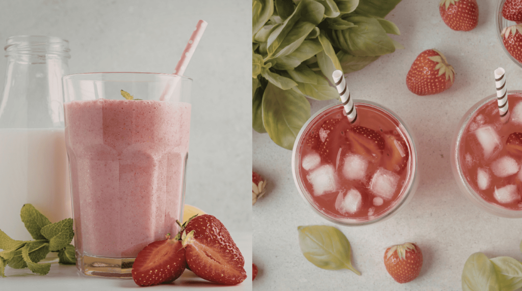 السوبيا بالفراولة: مشروب رمضاني لذيذ مع طريقة التحضير والمقادير كوب من السوبيا بالفراولة الطازجة مزين بقطع الفراولة على مائدة إفطار رمضانية