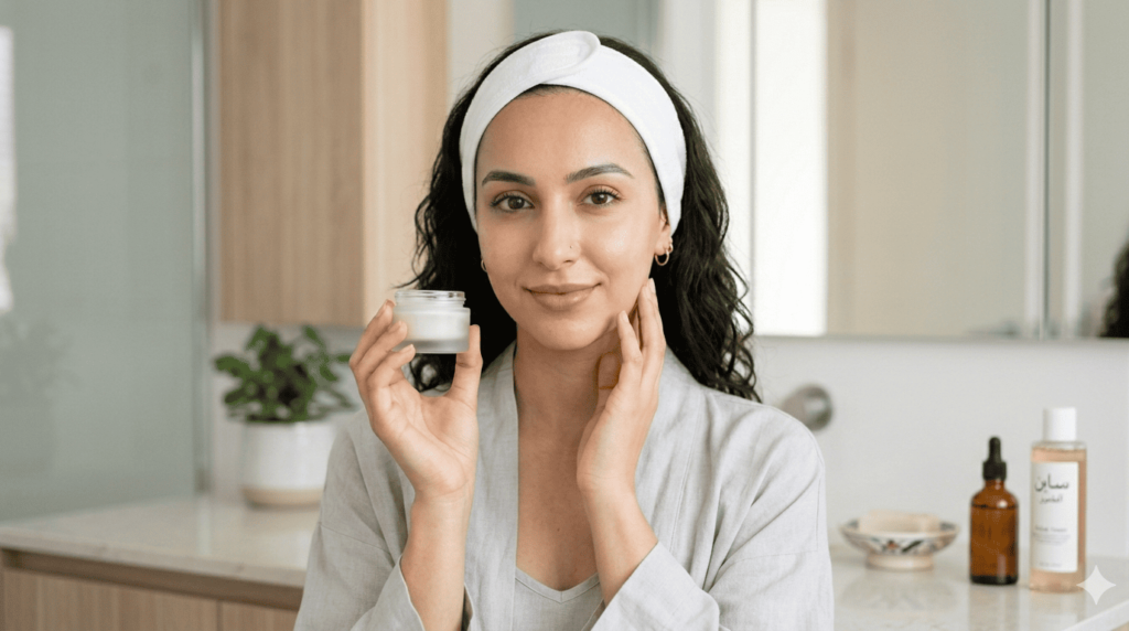 امرأة تطبق روتين العناية بالبشرة في رمضان باستخدام سيروم ومرطب قبل السحور